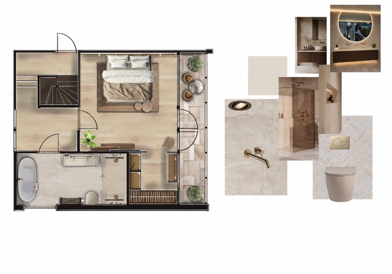 Plattegrond met materiaal- en kleurvoorbeelden voor een interieurontwerp
